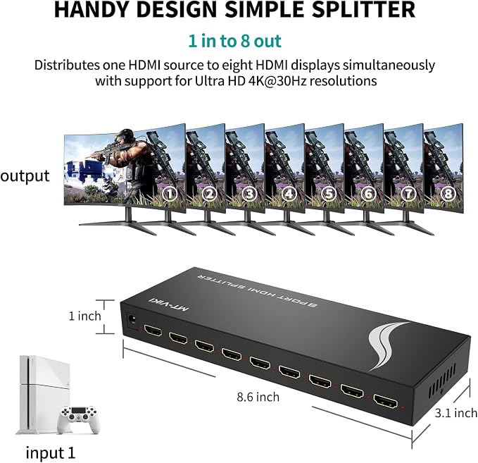 MT-VIKI 4K 1x8 HDMI Splitter 1 in 8 Out, 8 Port Powered HDMI Splitter Multi - Image 6