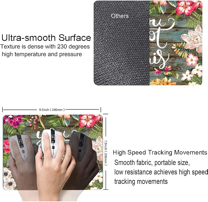 Mouse Pad, Floral Inspirational Quote Mousepad, Square Waterproof Pad Non-Slip - Image 3