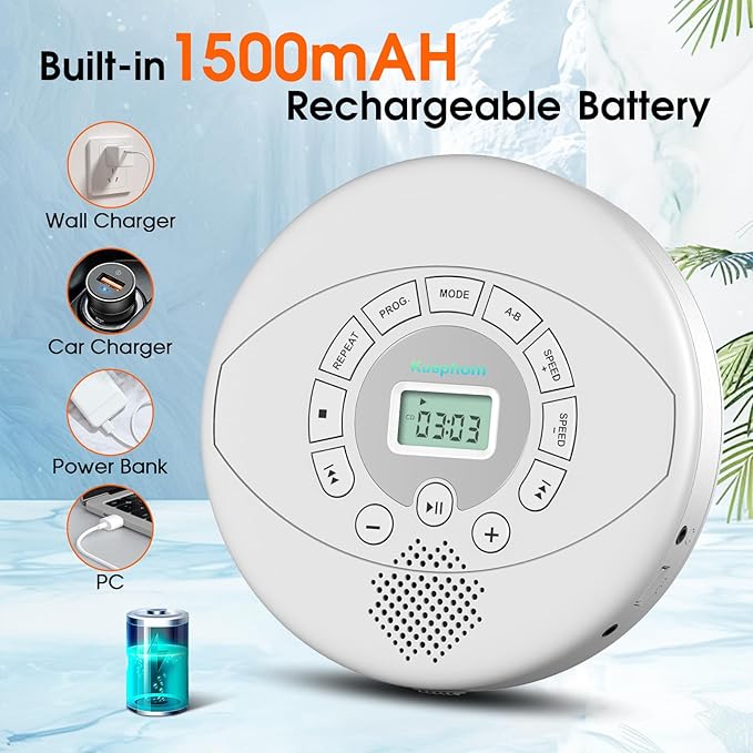 Portable CD Player with Built-in Speaker: KUEPHOM Rechargeable Discman with - Image 3