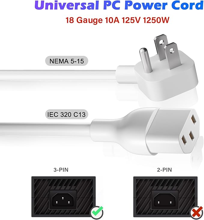Adoreen 6 Ft Computer TV Replacement Power Cord White, Low Profile Flat Plug - Image 4