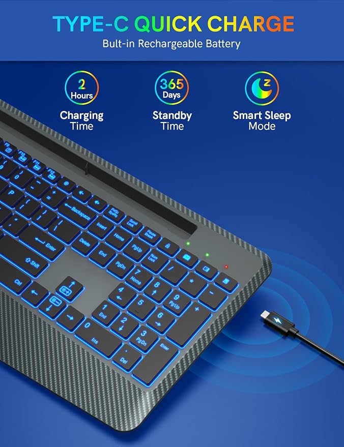 Wireless Keyboard with 7 Colored Backlit, Wrist Rest, Phone Holder, - Image 4