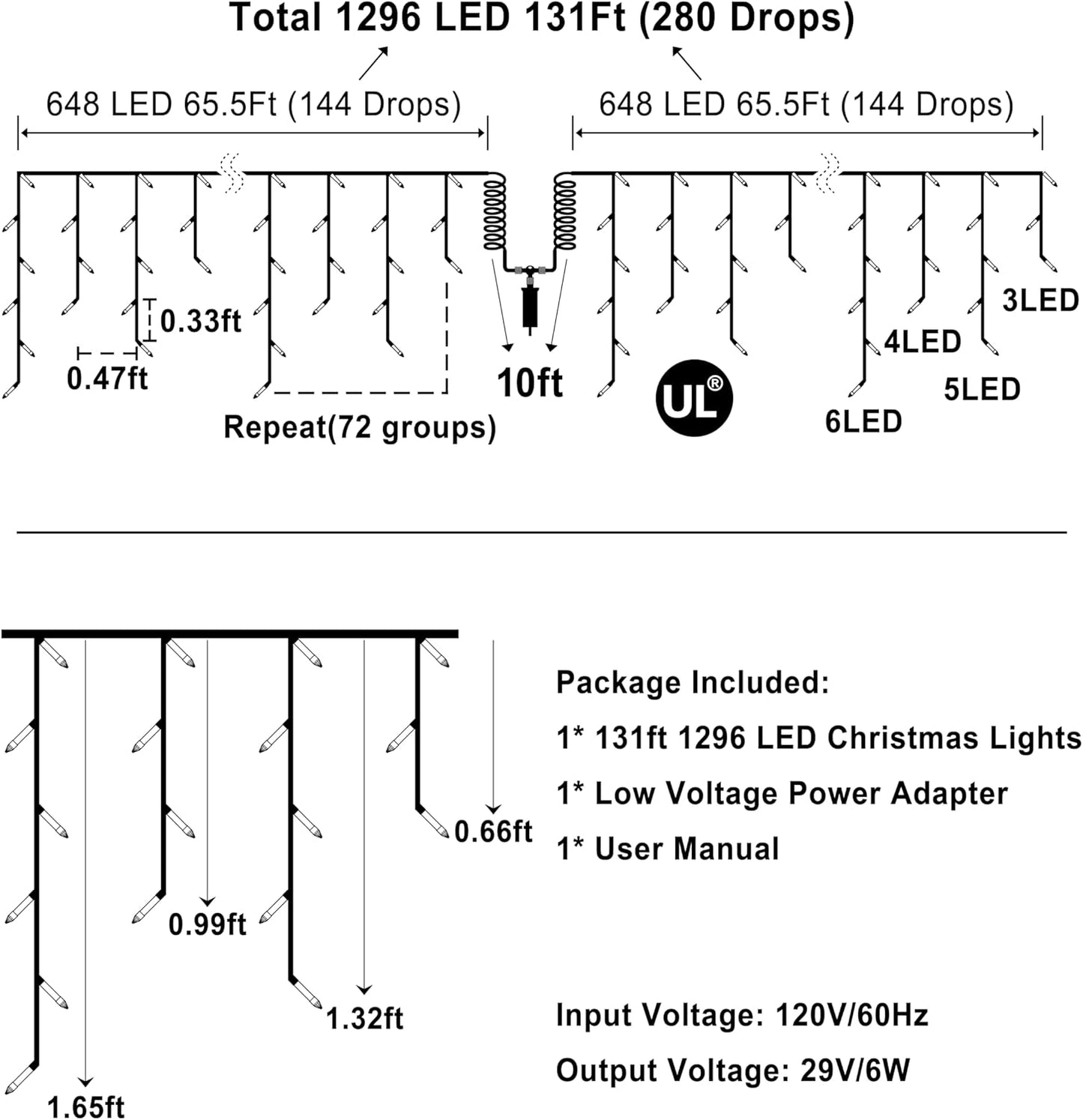 1296 LED Christmas Lights with 288 Drops, 131ft Christmas String Lights with 8 Modes, Waterproof Outdoor Decorations Fairy Lights with Timer Memory for Xmas Party Patio Window Fence Multicolor