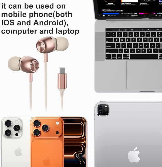 Pink USB C Headphones for Women Girls, Cute Wired Type C Earbuds - Image 3