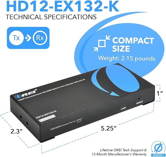 OREI 1X2 HDMI Extender Splitter Over Single CAT6/7 Cable Uncompressed 1080P - Image 3