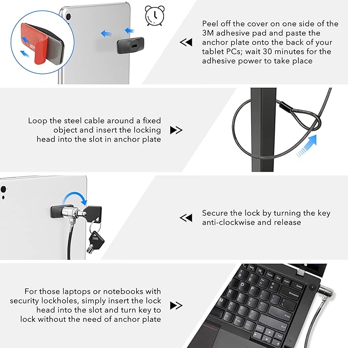 AboveTEK Laptop Lock, Tablet Lock Security Cable, 2 Keys Sturdy Steel iPad - Image 5