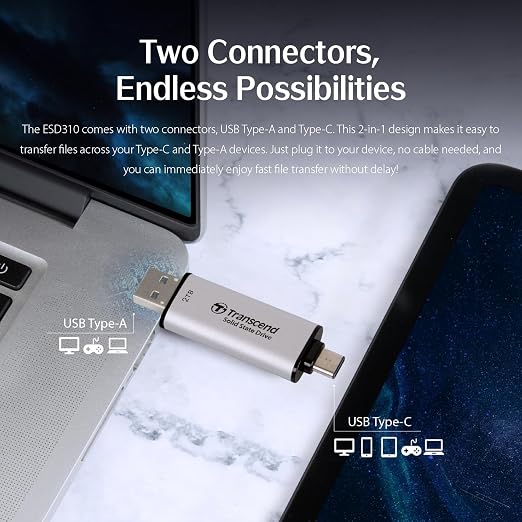 Transcend 512GB USB C External SSD, USB 3.2 Gen 2 Flash Drive, 2-in-1 Memory - Image 2