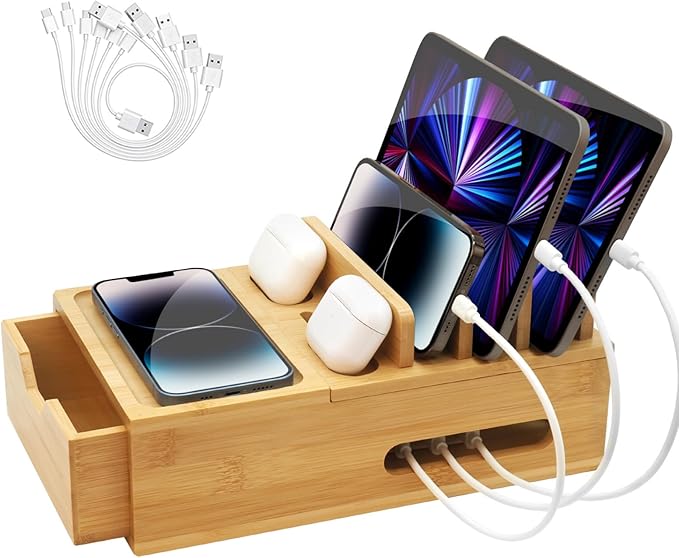 Bamboo Charging Station for Multiple Devices, Desktop Wood Charger Organizer by LEOKKARR