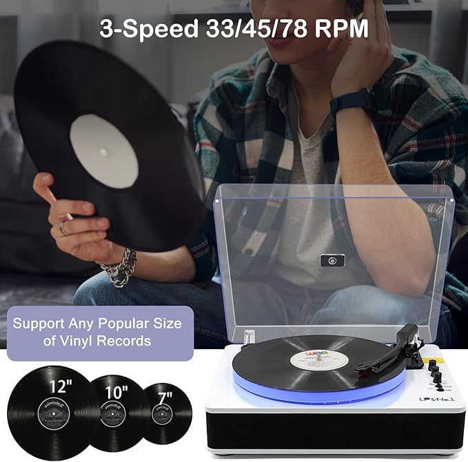 LP&No.1 Record Player with Built-in Stereo Speakers, LED Control, 3-Speed - Image 2