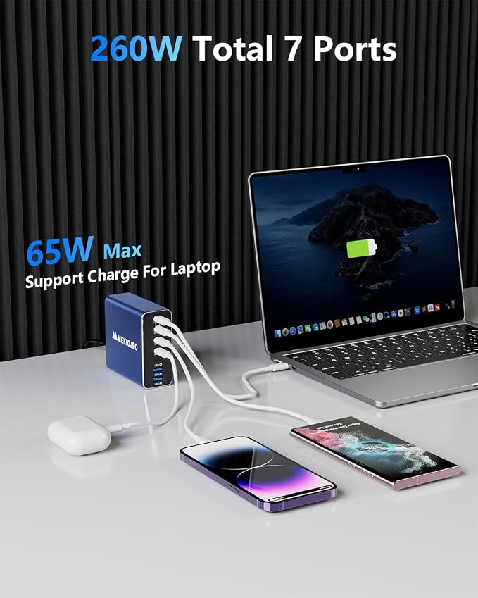 Aluminum Alloy USB C Charger 260W GaN Fast USB C Charging Station 7 Ports 65W - Image 2