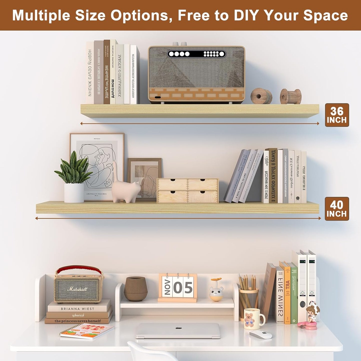 12 Inch Deep Floating Shelves for Wall 3 Pack Floating Shelves Large Storage Space Wall Mount Shelf for Living Room Kitchen Bathroom 36" W x 12" D x 1.2" H Oak