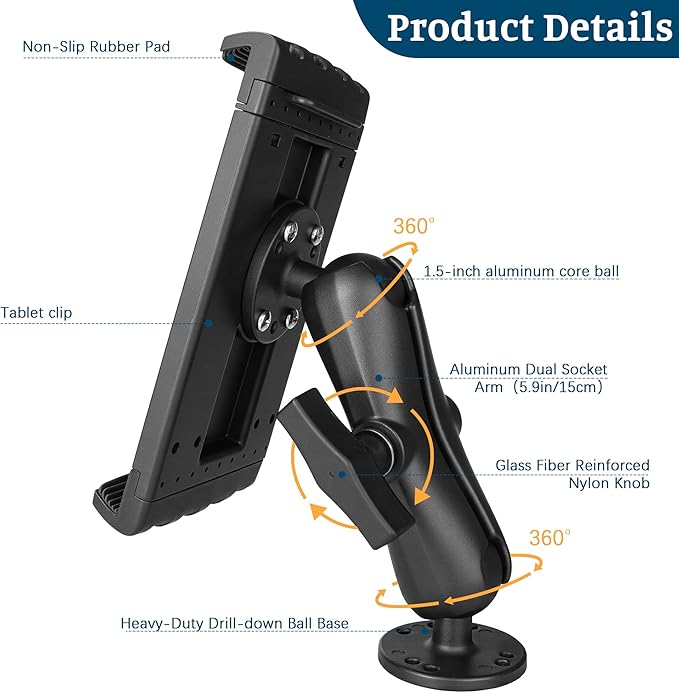 Heavy Duty Tablet Mount for Truck, Aluminum Drill Base Tablet Holder, Compatible - Image 2
