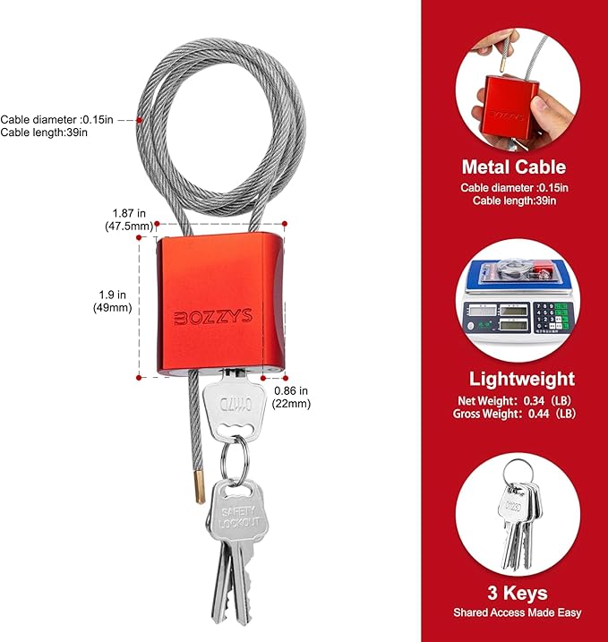 Cable Lock with 3 Keys | L 3.28ft, D 1/6in Adjustable Steel Cable Padlock | - Image 2
