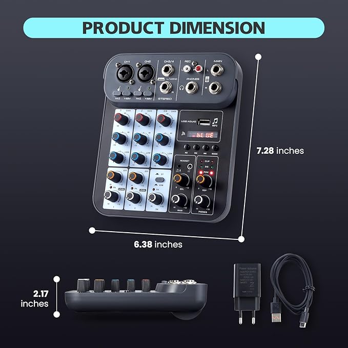 4 Channel DJ Audio Mixer, DJ Mixers Sound Board, Sound Mixer Board XLR 1/4" - Image 8