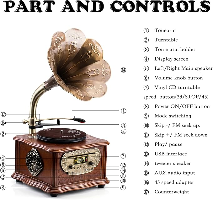 Wooden Phonograph Gramophone Turntable CD Player Stereo System Control 33/45 - Image 3