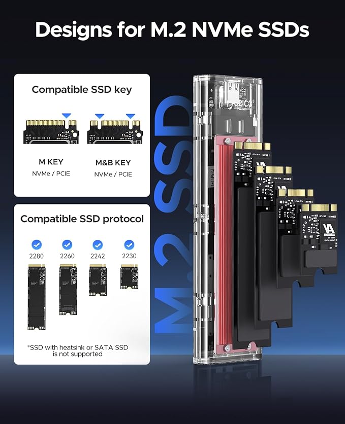 ORICO M.2 NVMe SSD Enclosure, USB 3.2 Gen 2, Transparent External Solid State - Image 3