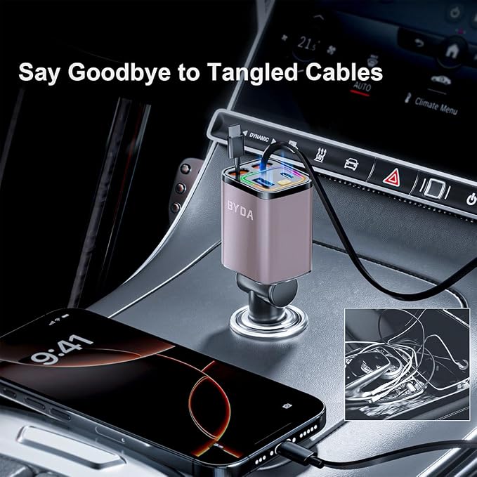 4 in 1 Retractable Car Charger, 69W Car Charger USB C, Cigarette Lighter Adapter - Image 4