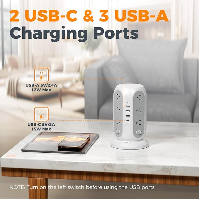 TESSAN Tower Power Strip with Individual Switches, Surge Protector with 12 - Image 3