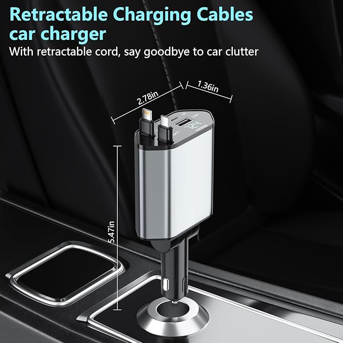 Retractable Car Charger, 120W 2.7Ft Retractable Cables and 4 Electronic Ports - Image 6