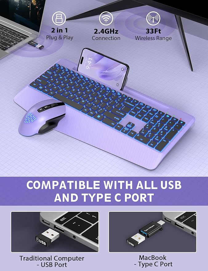 Wireless Keyboard and Mouse Backlits, Wrist Rest, LED Mouse, Rechargeable - Image 5