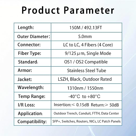 150M/492FT Outdoor Armored LC to LC Fiber Optic Cable, 4 Core OS2 Single Mode - Image 6