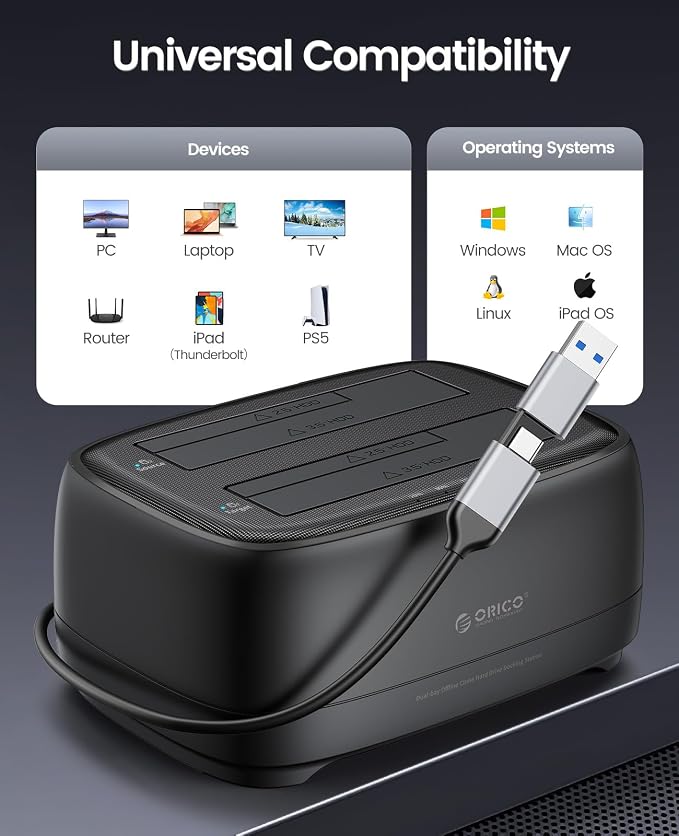ORICO USB Type C to SATA 2 Bay Hard Drive Docking Station Duplicator/Cloner - Image 5