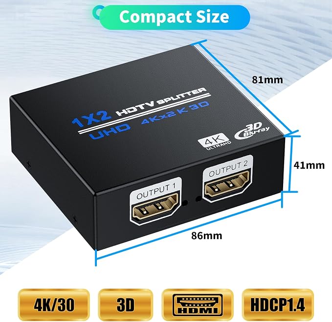 HDMI Splitter 1 in 2 Out 4K, 1x2 Powered HDMI Multi-Port Adapter - Image 6