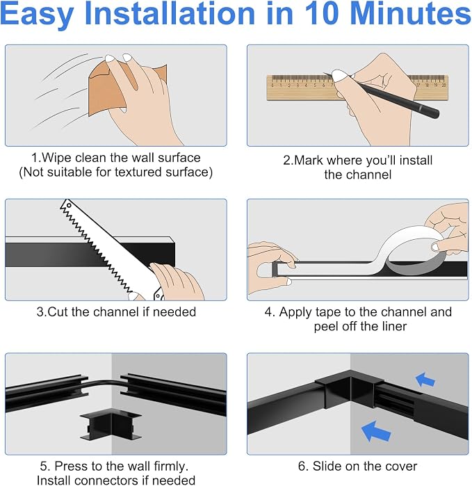 Yecaye Black Cord Hider, One-Cord Channel Cord Cover on Wall, Cable Management - Image 6