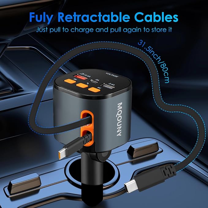 Retractable Car Charger, 5 in 1 Fast Car Phone Charger 90W, Handsfree Call - Image 4