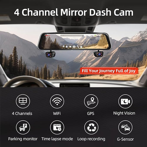 4 Channel Mirror Dash Cam, Dash Cam Front and Rear/Inside, 12’’ FHD 1080Px4 - Image 2