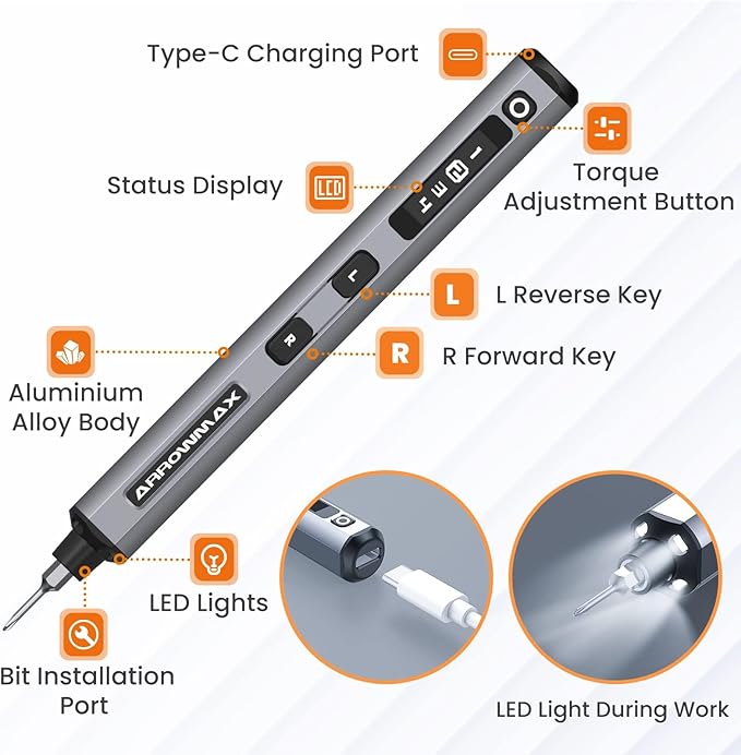 AM ARROWMAX Mini Electric Screwdriver, 4 Torque Settings Precision Screwdriver - Image 3