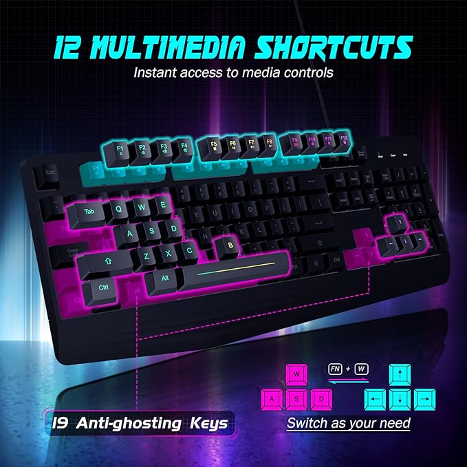 Gaming Keyboard, 7-Color Rainbow LED Backlit, 104 Keys Quiet Light Up Keyboard - Image 5