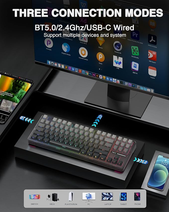AULA F87 Pro Wireless Mechanical Keyboard, Tri-Mode BT5.0/2.4GHz/USB-C Hot - Image 3