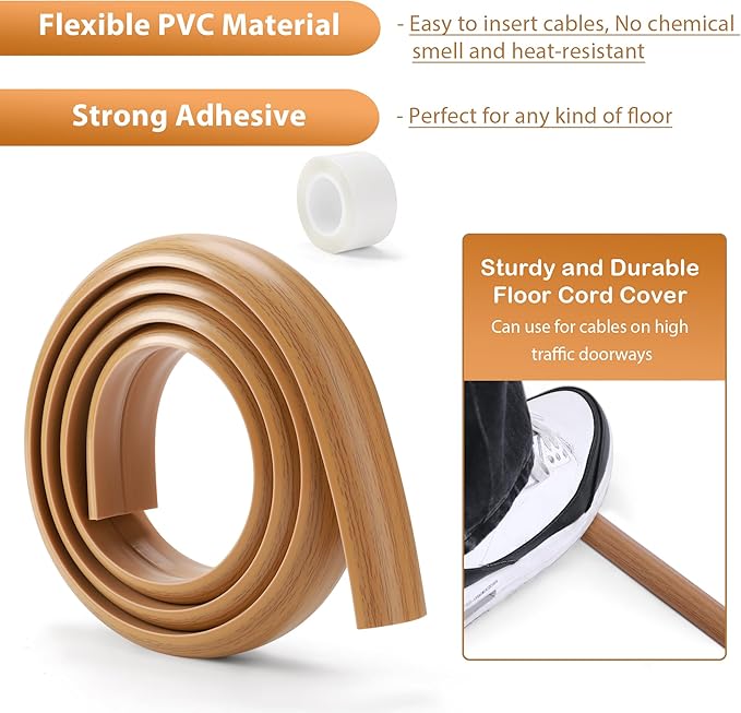 Floor Cord Cover 6ft, Cord Hider Floor Beige Maple Wood, Floor Cable Management - Image 6