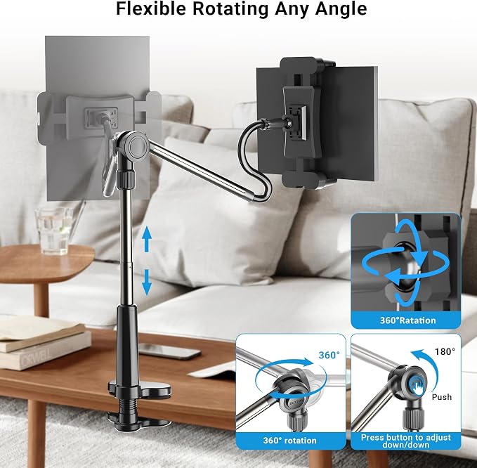 Foldable Desk Tablet Mount for iPad Portable Monitor 4.7-15.6'', Long Gooseneck - Image 4