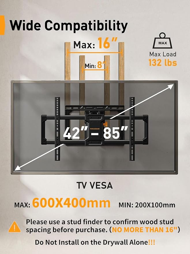 Perlegear UL Listed Full Motion TV Wall Mount - Image 2