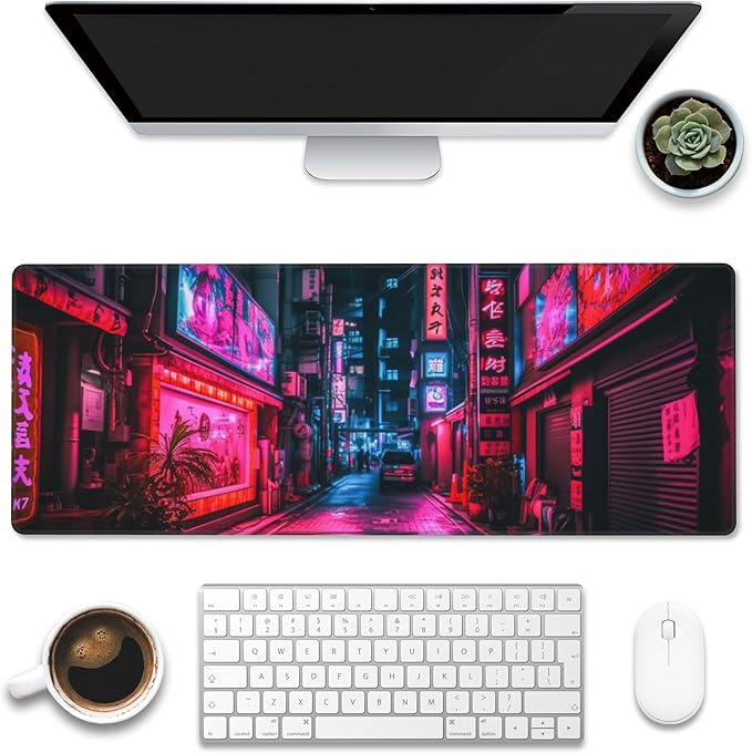 Desk Mat, Japanese Anime Neon Street Desk Pad, Anime City Large Gaming Mouse Pad by Eflxamz