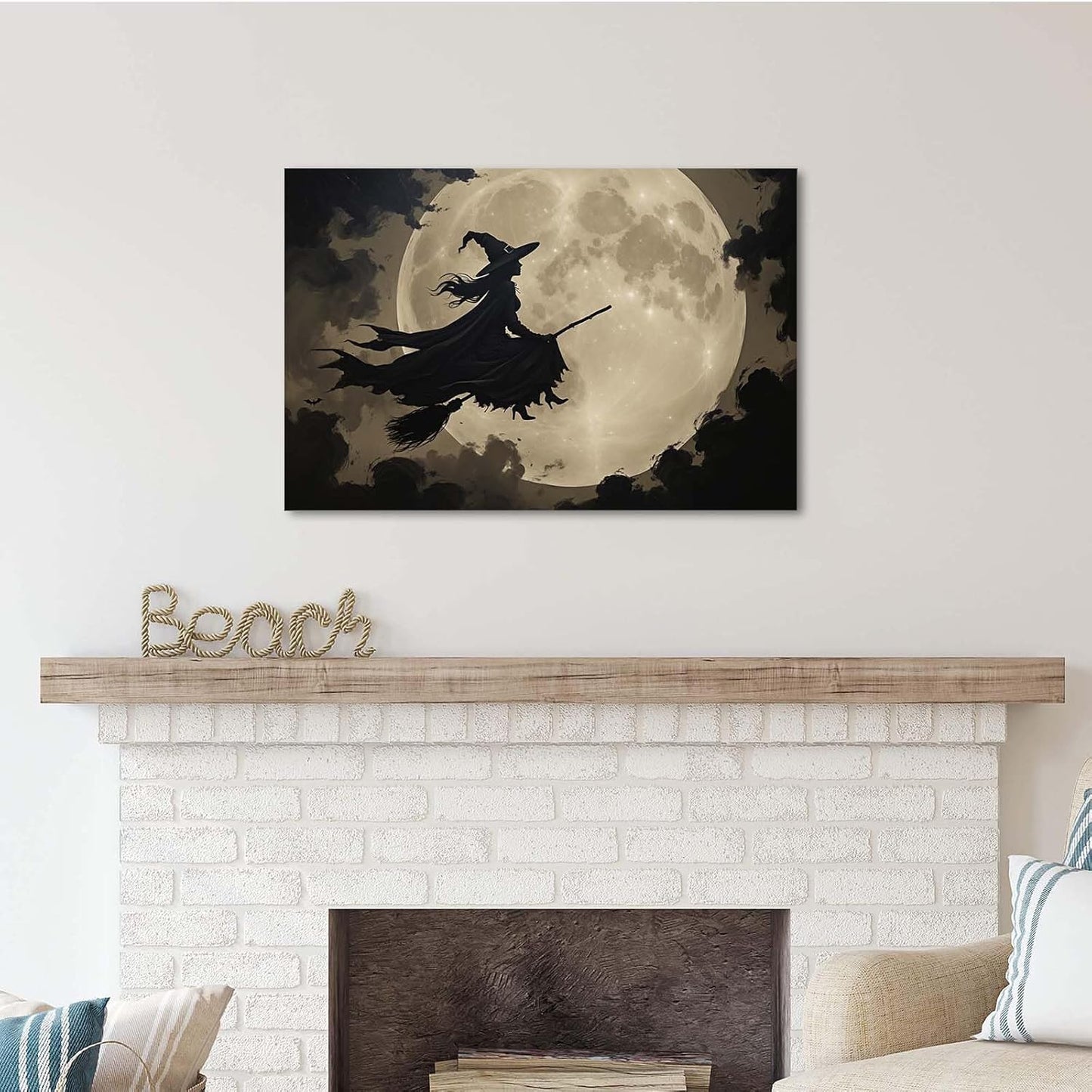 JFHCQJPK Full moon witch silhouette poster witch on magic broom Halloween mural poster decorative mural art suitable for home living room bedroom12x16in Frameless