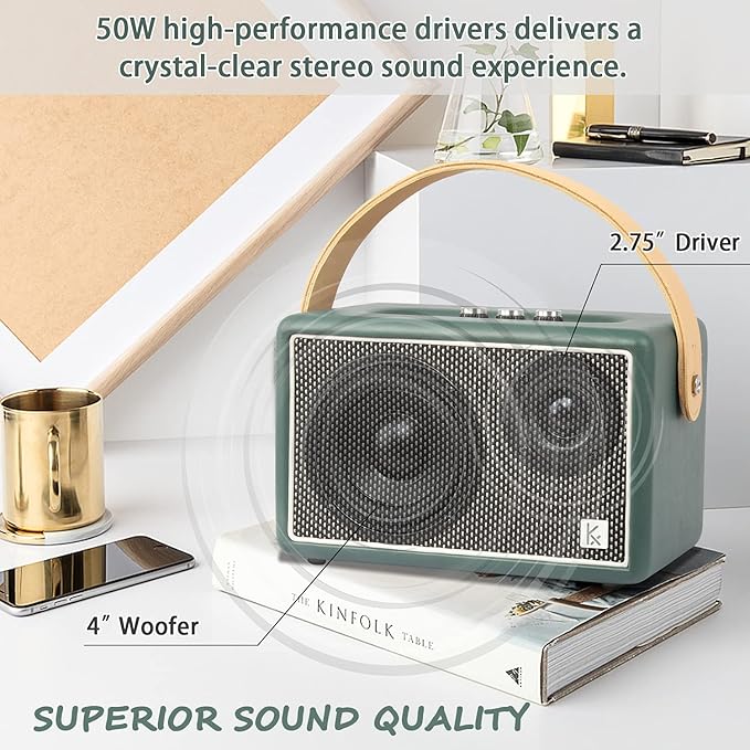 Vintage Bluetooth Speaker, KONEX 40W Leather Portable Wireless Speaker - Image 2