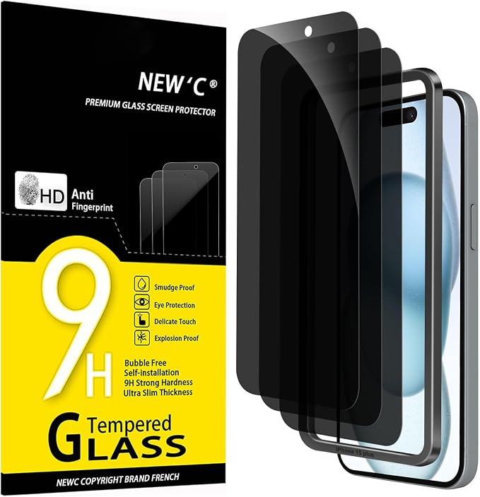 NEW'C 3 Pack Privacy for iPhone 16 Plus, 15 Plus Screen Protector, Anti-Spy by NEWC