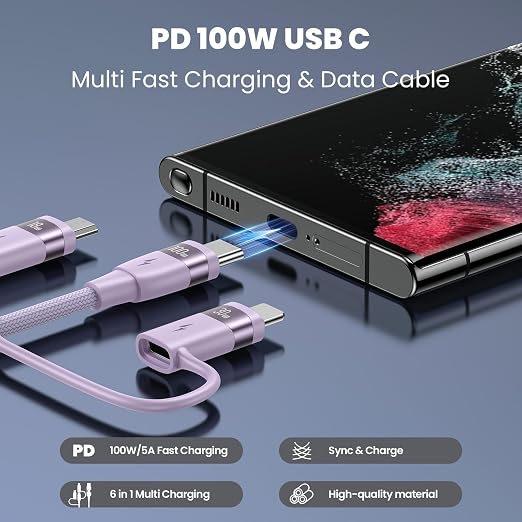 100W USB C Multi Charging Cable, USAMS 4FT 5-in-1 5A Fast Sync Charger Adapter - Image 2