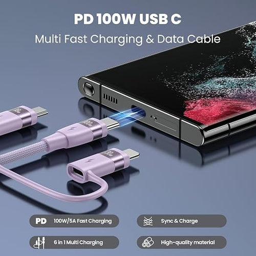 100W USB C Multi Charging Cable, USAMS 4FT 5-in-1 5A Fast Sync Charger Adapter - Image 2