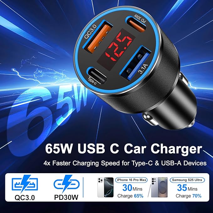 65W iPhone Car Charger Fast Charging, Dual USB-C & USB-A Cigarette Lighter - Image 2