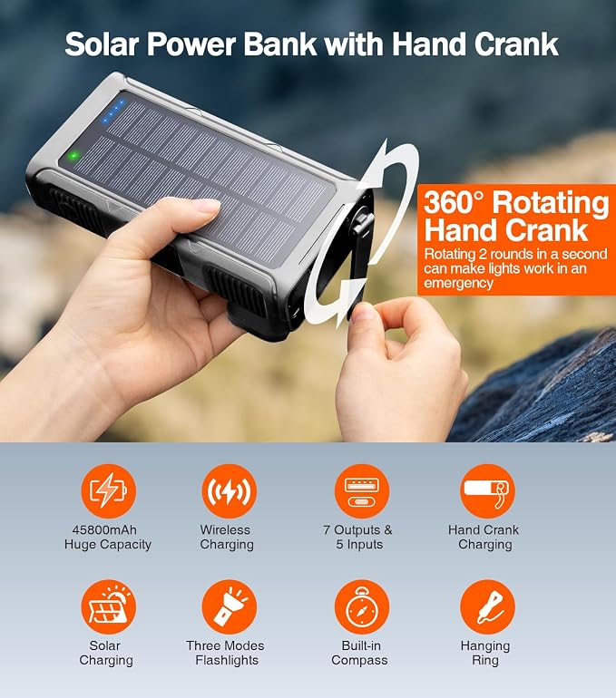 GOODaaa Power Bank Wireless Charger 45800mAh Built in Hand Crank and 4 Cables - Image 3