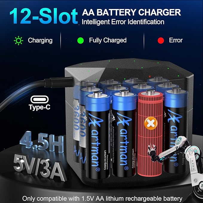 A Artman Rechargeable Lithium AA Batteries 12 Pack - Image 3