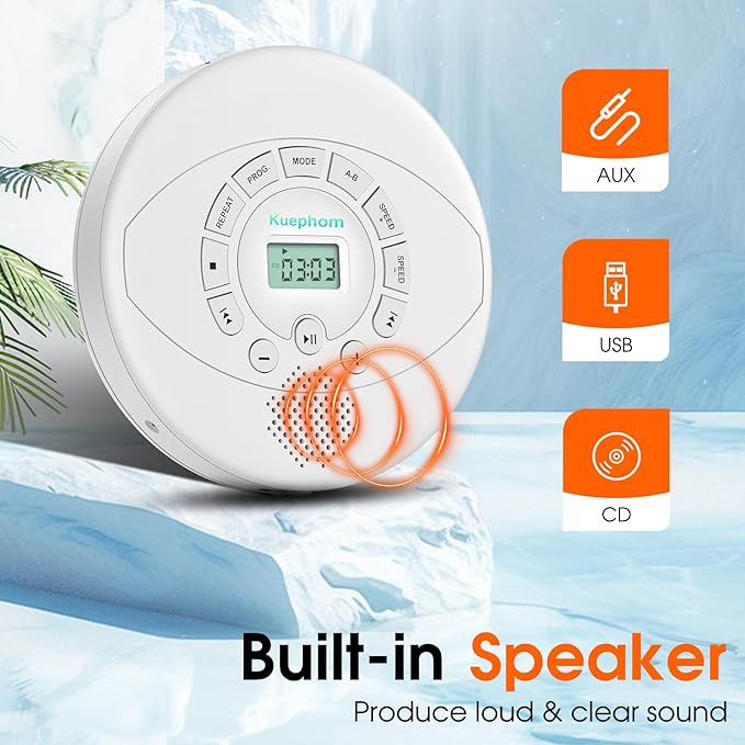 Portable CD Player with Built-in Speaker: KUEPHOM Rechargeable Discman with - Image 2