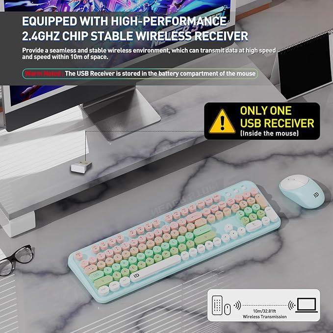 Wireless Keyboard and Mouse Set, 105 Round Keys Full-Size Cute Colorful - Image 3