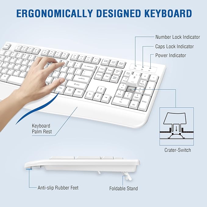 Wireless Keyboard and Mouse Combo, EDJO Full-Sized Ergonomic Computer Keyboard - Image 3