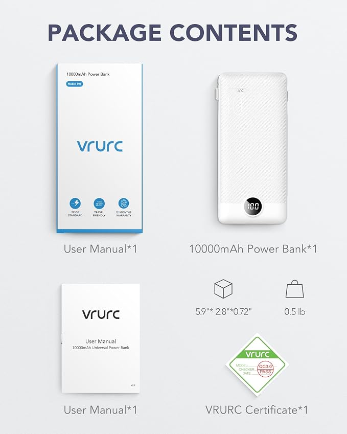 VRURC Portable Charger, Power Bank Built-in Cables and AC Wall Plug, USB C - Image 9