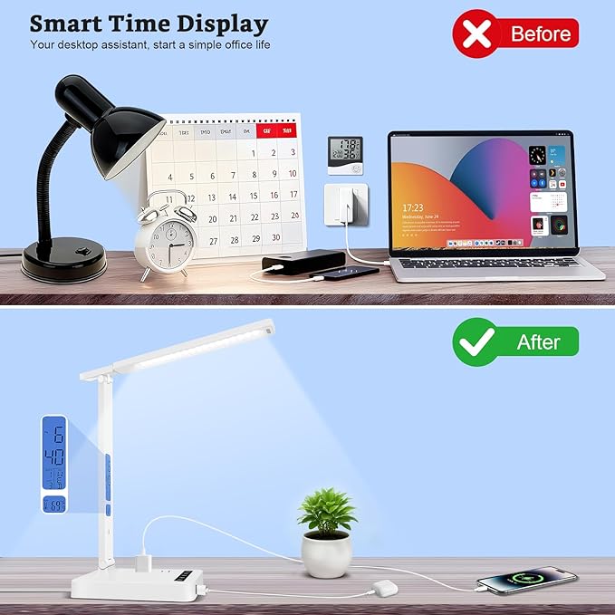 Smart Desk Lamp with Dual USB Charging & 2 AC Outlets, Digital Clock, - Image 4