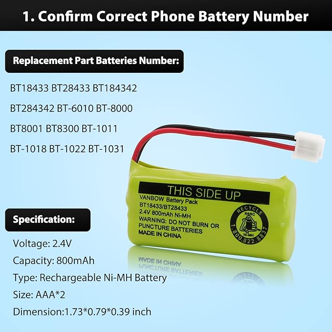 BT18433/BT28433 2.4V 800mAh Ni-MH Cordless Phone Battery, Also Compatible - Image 3